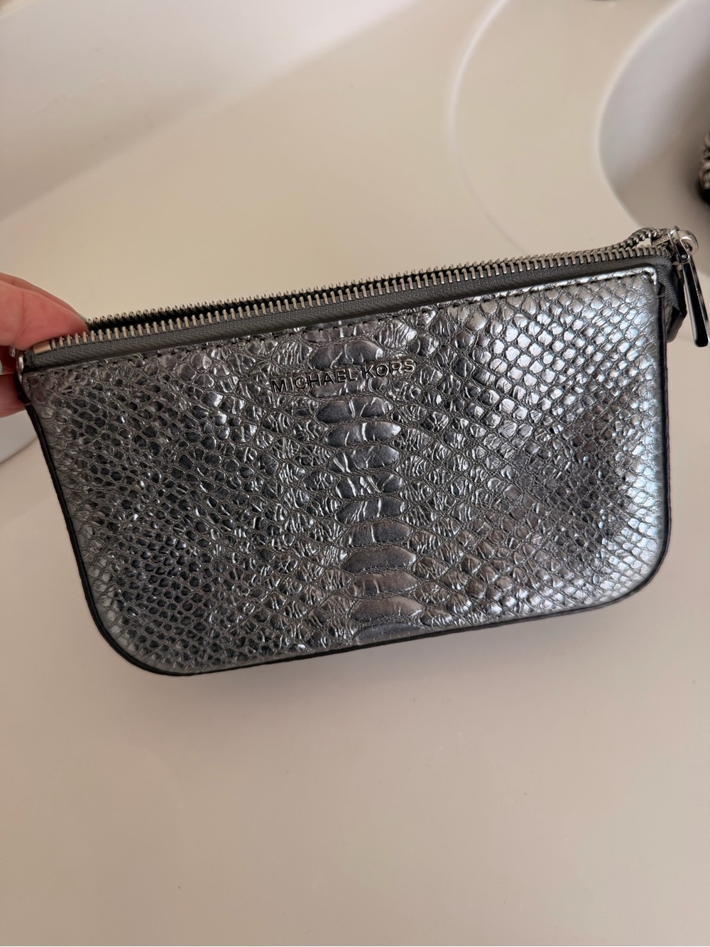 Michael Kors Metallic Silver Embossed Snake-Effect Wristlet